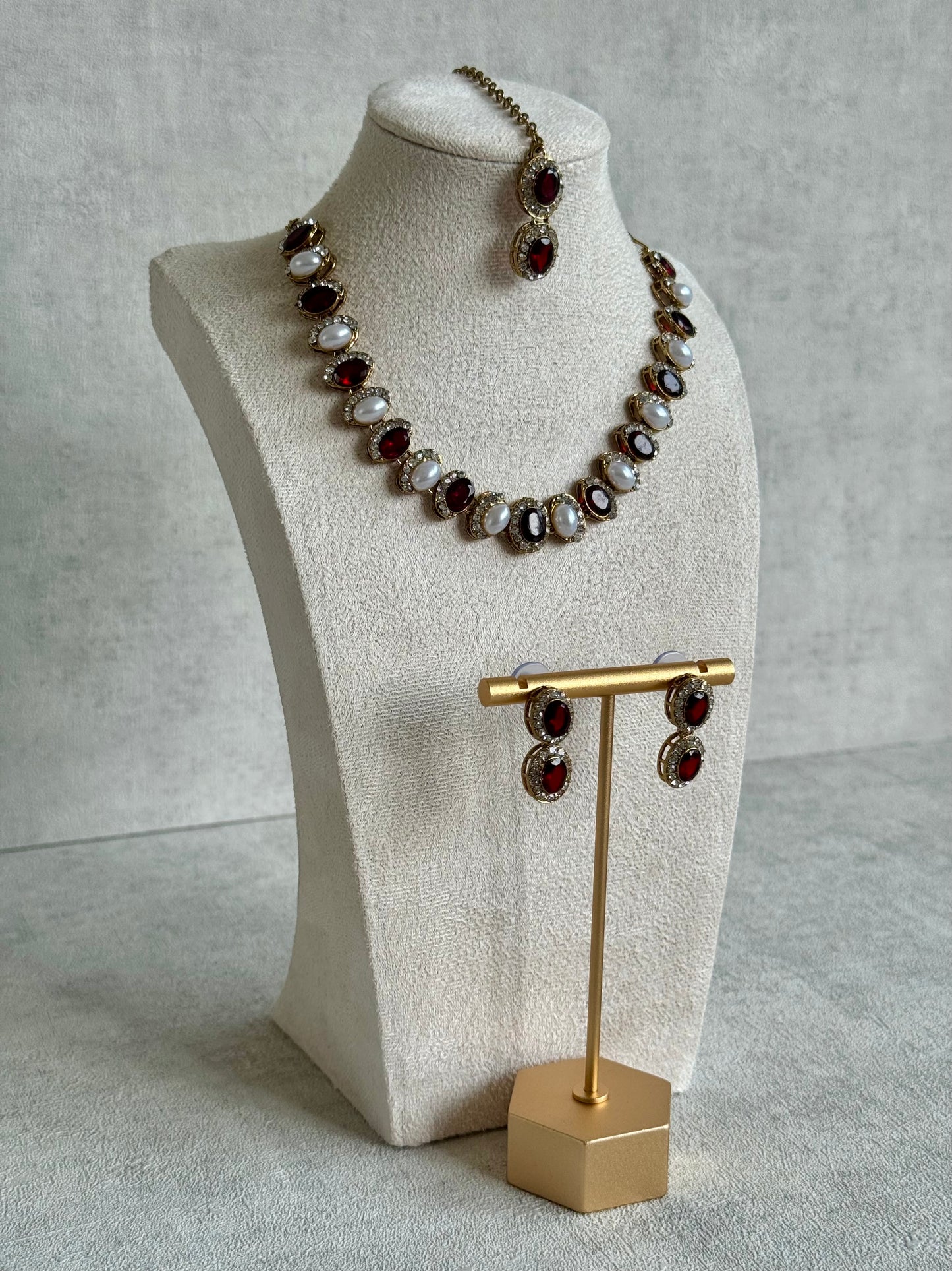 Ayura Designs Eira Set – Necklace, Earrings & Tikka with Ruby Red & Ivory Oval Stones in Antique Gold
