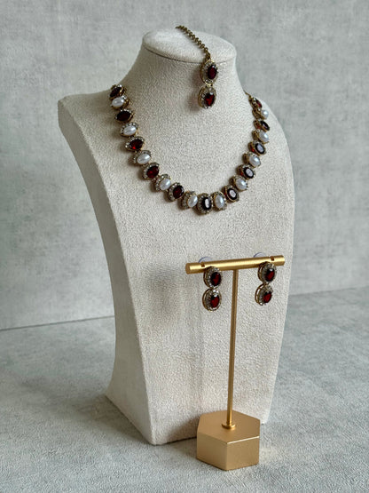 Ayura Designs Eira Set – Necklace, Earrings & Tikka with Ruby Red & Ivory Oval Stones in Antique Gold