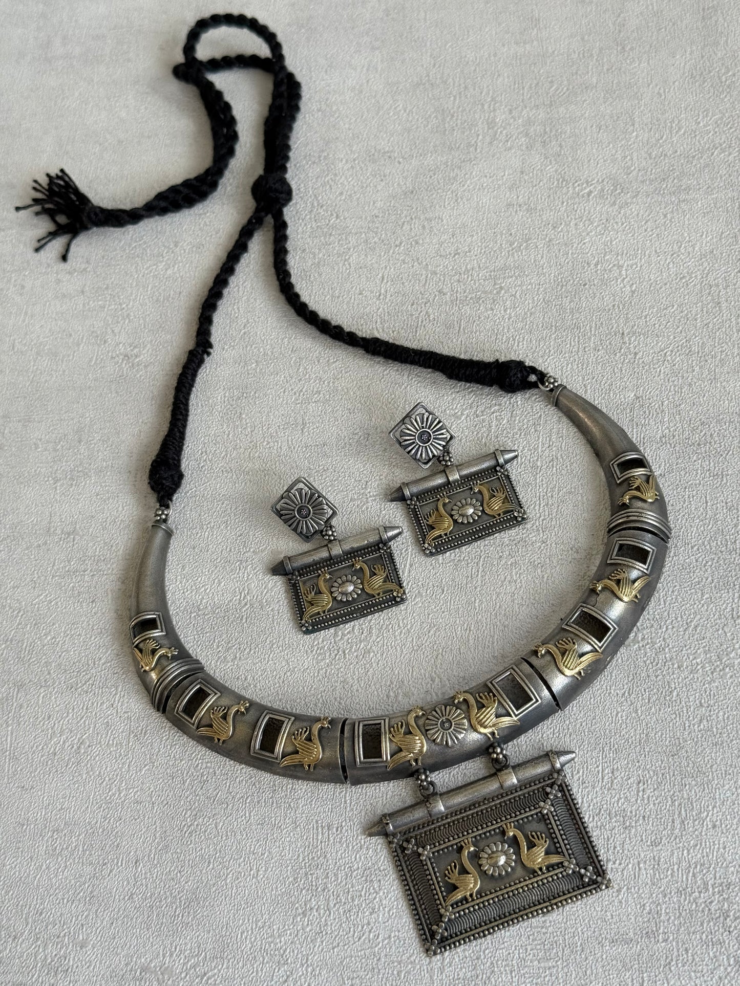 Ayura Designs Naina Necklace Set with Earrings – Dual Tone Oxidised Necklace with Bird Motifs, Black Stone Detailing & Statement Pendant
