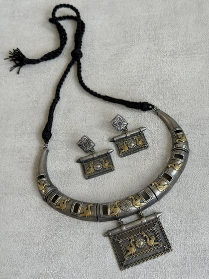 Ayura Designs Naina Necklace Set with Earrings – Dual Tone Oxidised Necklace with Bird Motifs, Black Stone Detailing & Statement Pendant