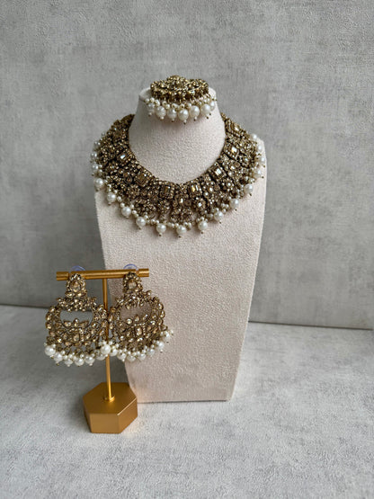 Ayura Designs Layla Set – Luxurious Champagne Gold Ensemble with Pearls | Featuring Chandelier Earrings & Tikka