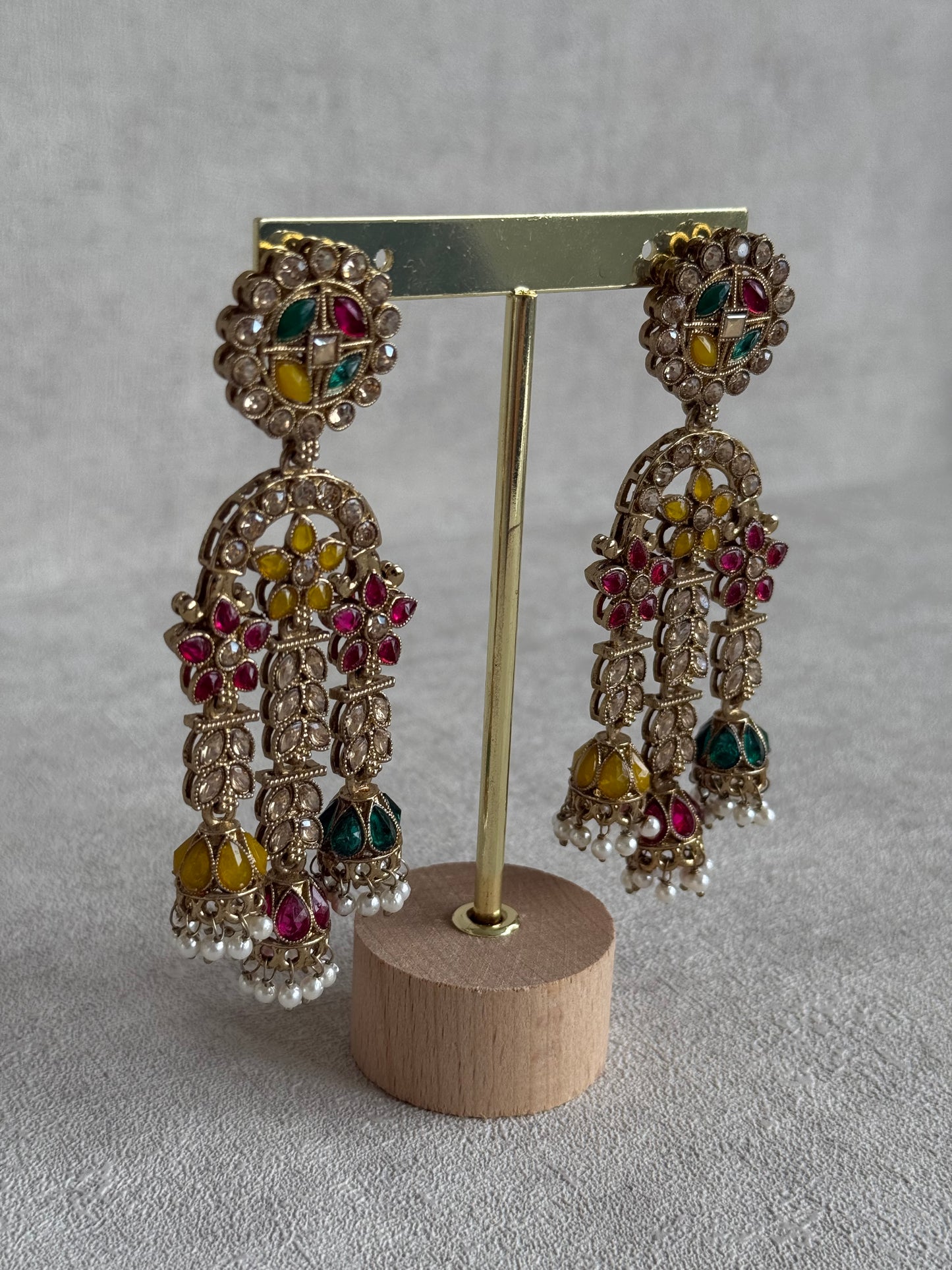 Ayura Designs Soraya Earrings – Multicolour Stones, Champagne Crystals, Pearl Detailing & Gold Finish