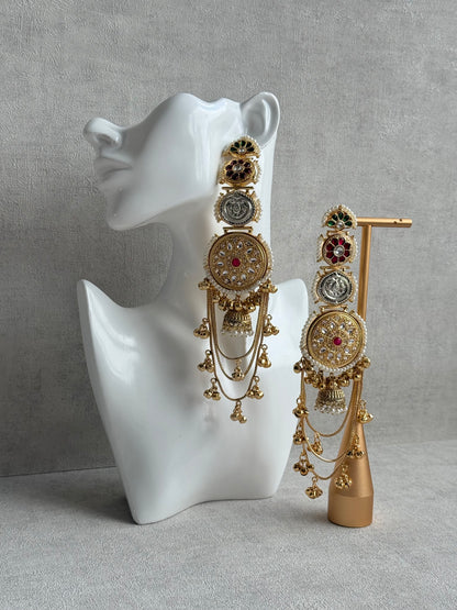 Ayura Designs Zeenia – Statement Kashmiri Earrings with Pearl Borders, Jhumki Drops, Multicolour Meenakari & Ghungroos
