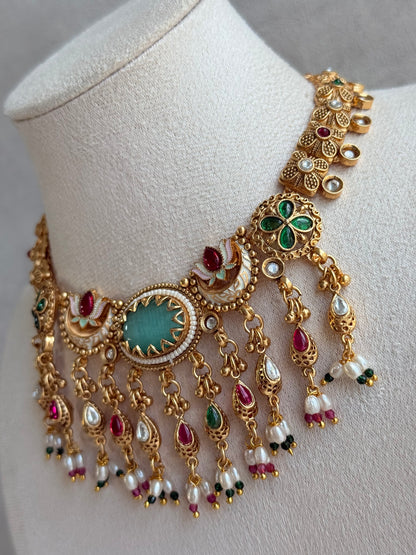 Ayura Designs Aavya Necklace Set – Aqua Green & Rani Pink Kundan Meenakari Design