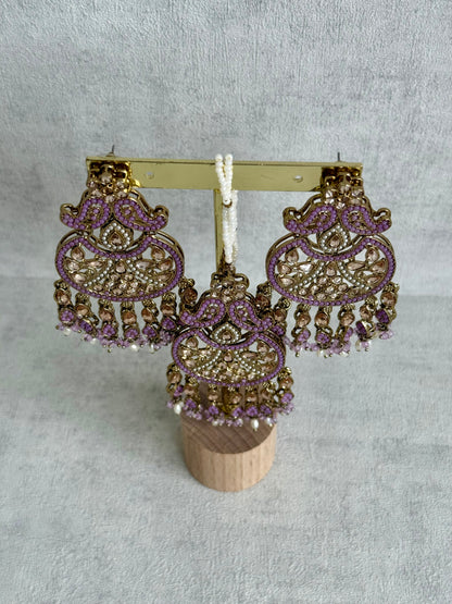 Ayura Designs Anvi Tikka Set with Earrings – Lilac with Champagne Stones & Pearl Drops