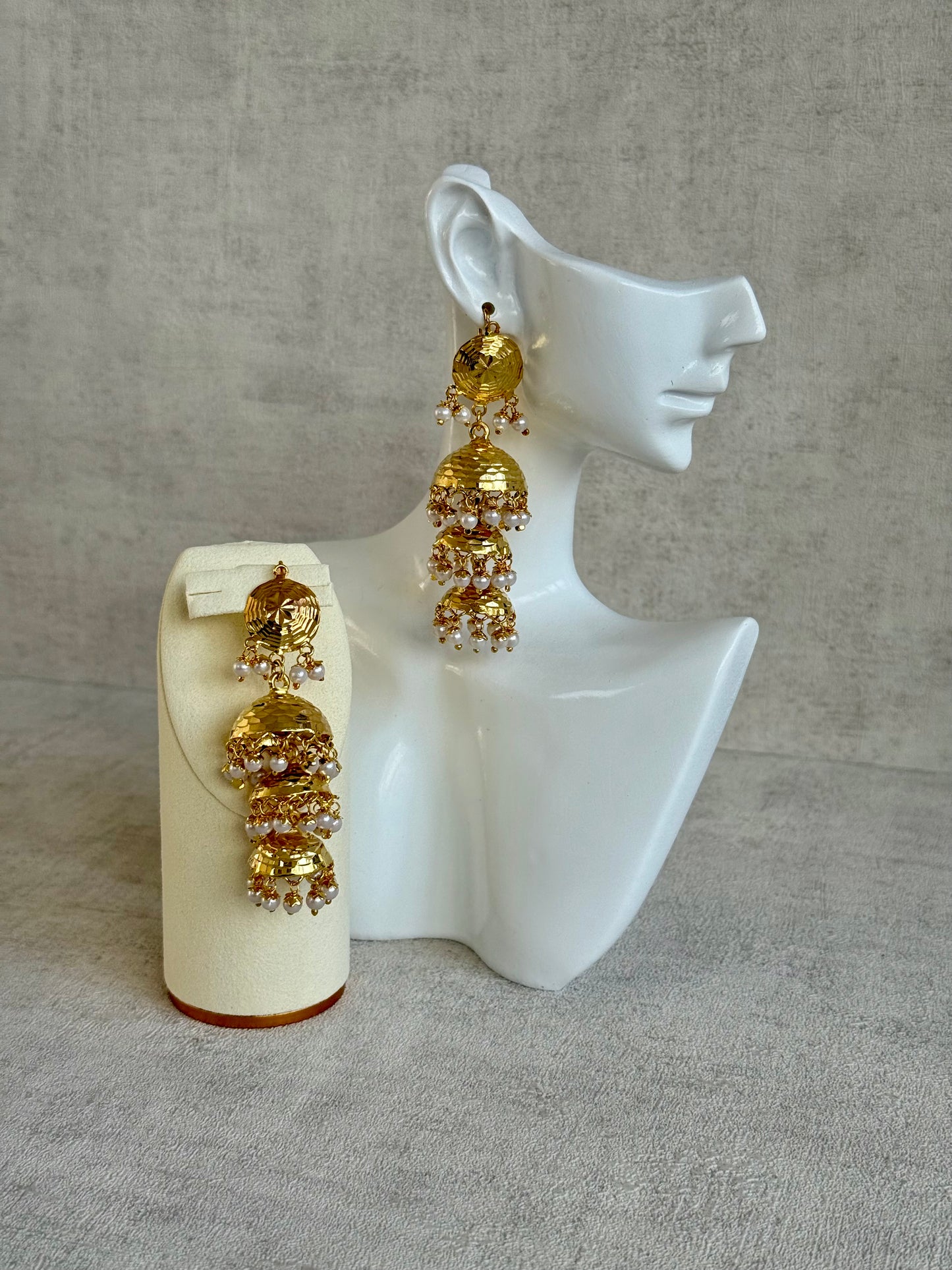 Ayura Designs Noorak Jhumkis – Hammered Gold Layered Jhumkis with Pearl Drop Detailing