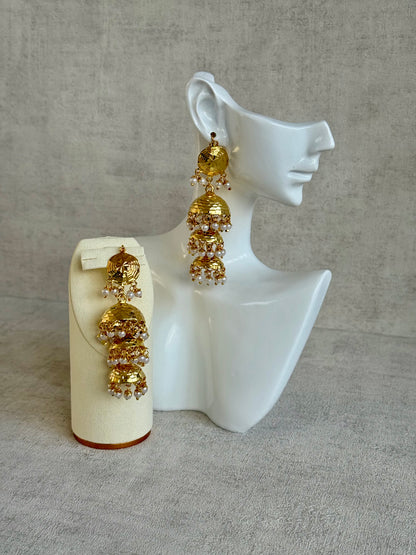 Ayura Designs Noorak Jhumkis – Hammered Gold Layered Jhumkis with Pearl Drop Detailing