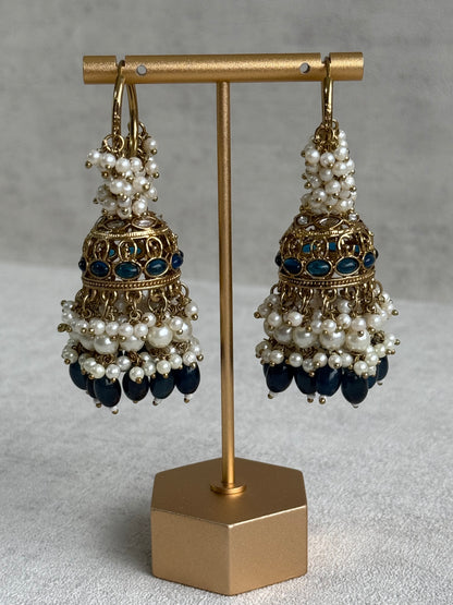 Ayura Designs Jugni Jhumkis – Antique Gold Balis with Ink Blue Beads & Pearl Clusters