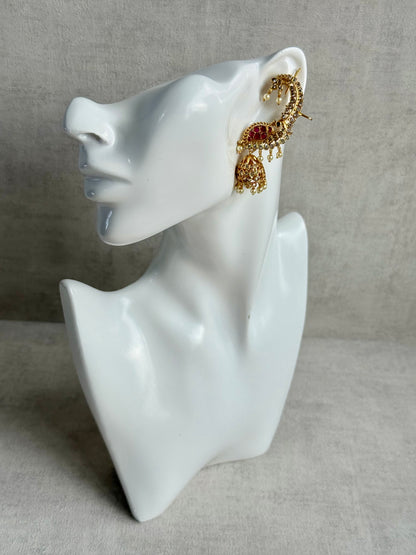 Ayura Designs Padma Earrings – Gold Half Ear Cuffs with Peacock Motif, Pink Stone Accents, Kundan Crystals & Pearl Jhumka Drops