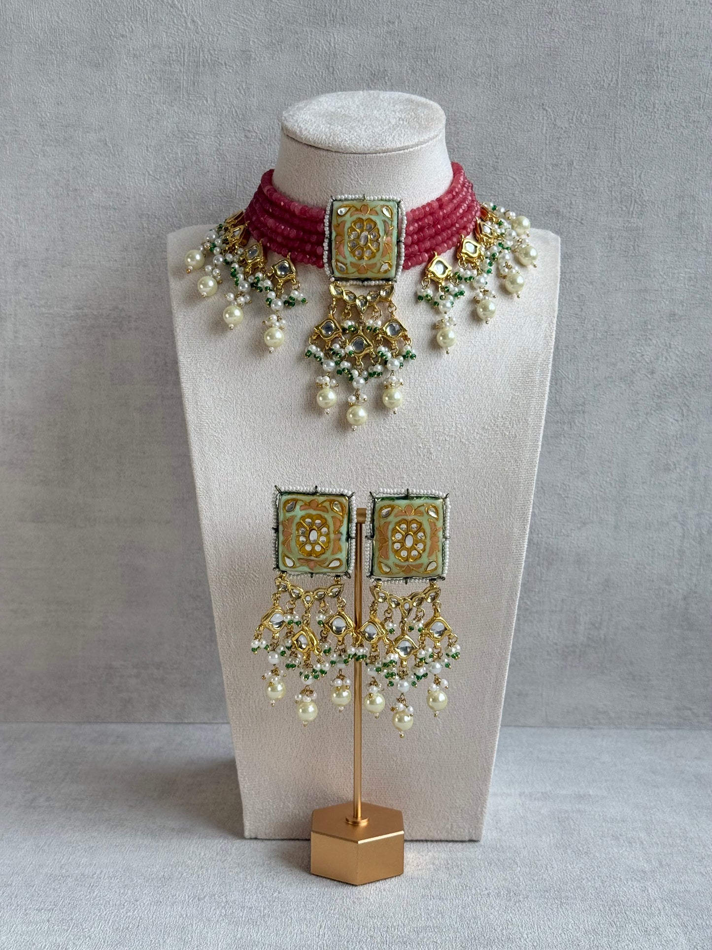 Ayura Designs Sabeera Meenakari Kundan Choker Set with Earrings – Blush Pink Beads & Pearl Detailing