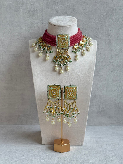 Ayura Designs Sabeera Meenakari Kundan Choker Set with Earrings – Blush Pink Beads & Pearl Detailing