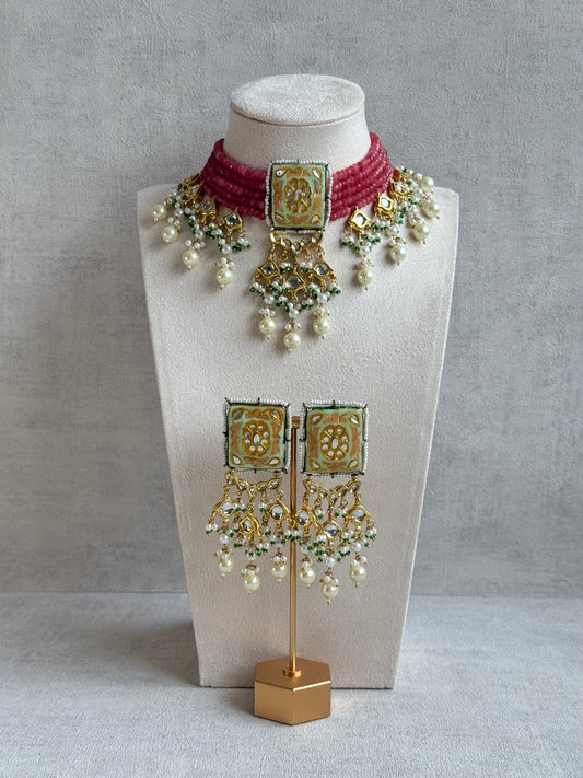 Ayura Designs Sabeera Meenakari Kundan Choker Set with Earrings – Blush Pink Beads & Pearl Detailing