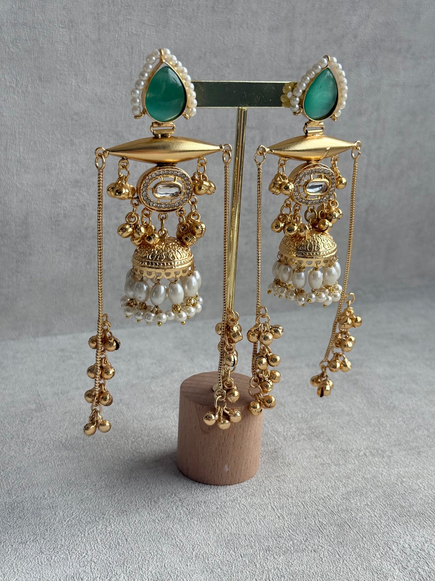 Ayura Designs Hoorza Earrings – Kashmiri Earrings with Mint Green Stones, Pearl Detailing & Ghungroo Chains
