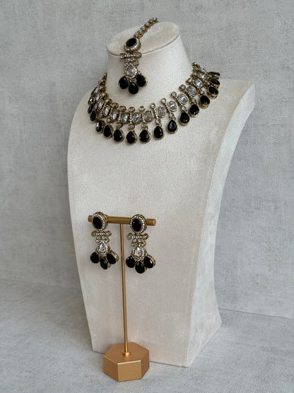 Ayura Designs Ava Necklace Set with Earrings & Tikka – Black Stone & Mirror-Cut Necklace Set in Antique Gold Finish