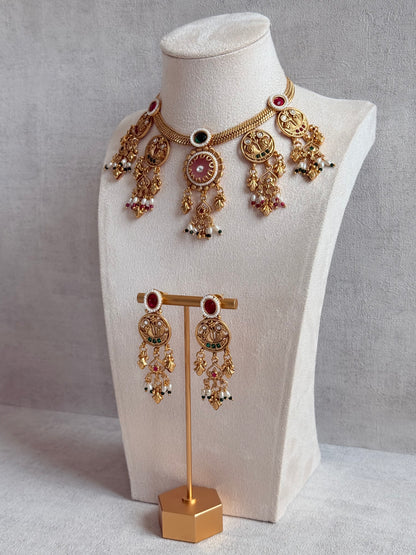 Ayura Designs Parchhai Necklace Set with Earrings – Rose Pink, Ruby Red & Emerald Green Stones, Bird Motifs & Pearl Detailing