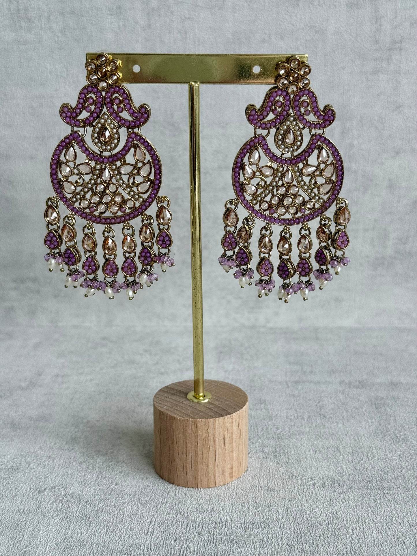 Ayura Designs Anvi Tikka Set with Earrings – Lilac with Champagne Stones & Pearl Drops