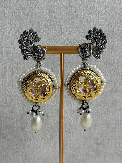 Ayura Designs Zareen Torque Necklace Set with Earrings – Dual Tone Oxidised Collar Necklace with Coin Detailing, Pearl Drops & Peacock Motifs