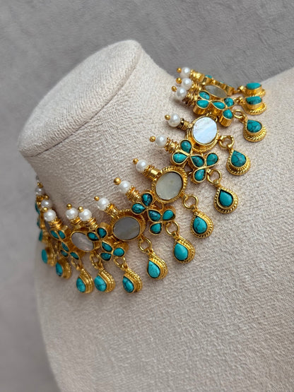 Ayura Designs Rehnuma Kundan Choker Set with Earrings & Turquoise Floral Detailing