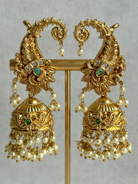 Ayura Designs Anika Jhumkis – Gold Half Ear Cuffs with Peacock Motif, Green Stone Accents, Kundan Crystals & Pearl Jhumka Drops
