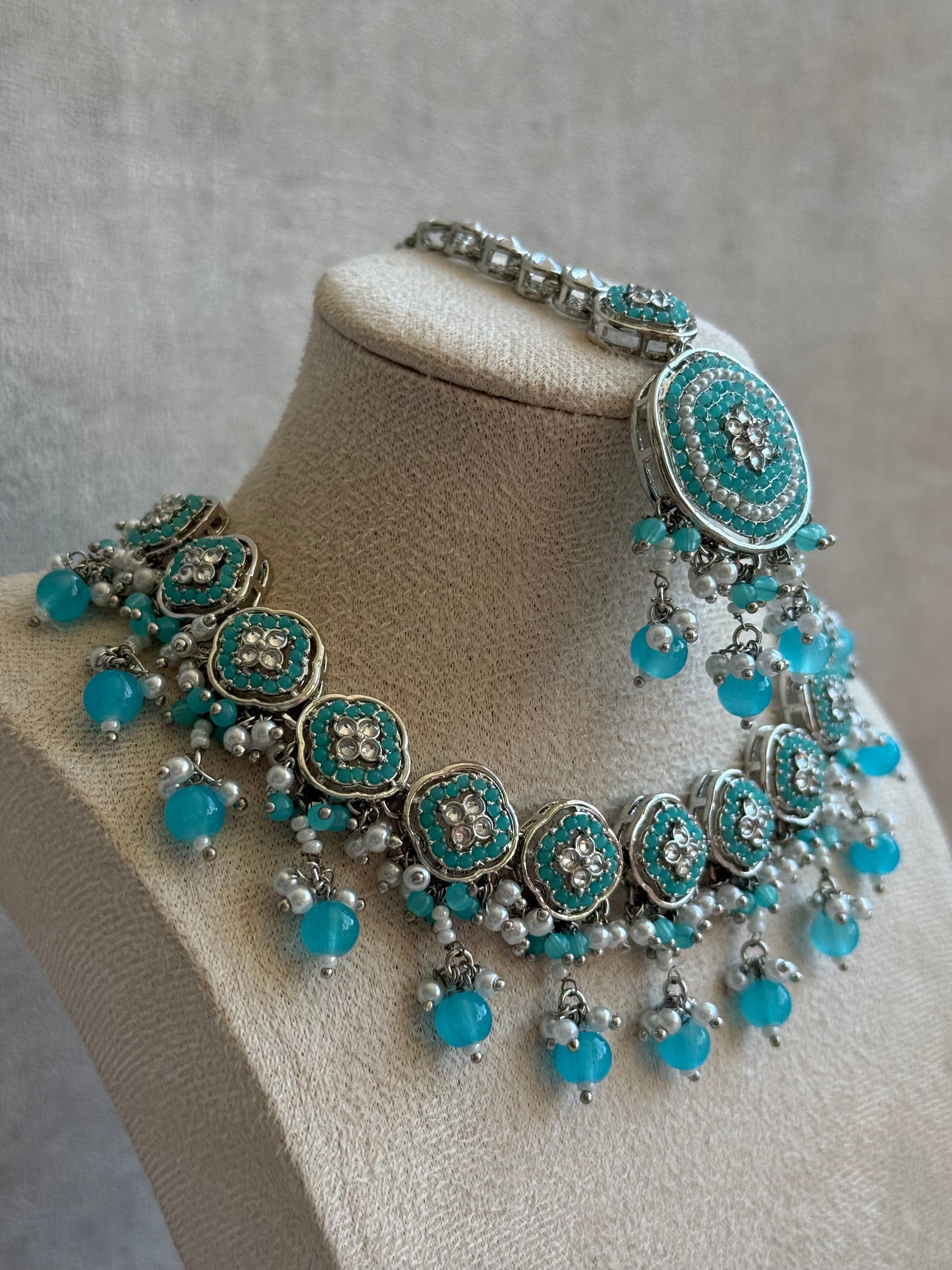 Ayura Designs Nomal Set with Earrings & Tikka – Aqua Blue Beads, Pearl Detailing & Silver Finish