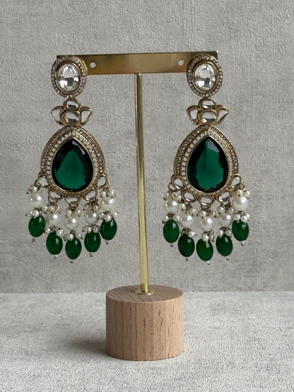 Ayura Designs Nageen Earrings – Antique Gold Jhumkis with Emerald Green Stones, Mirror-Cut Accents & Pearl Drops