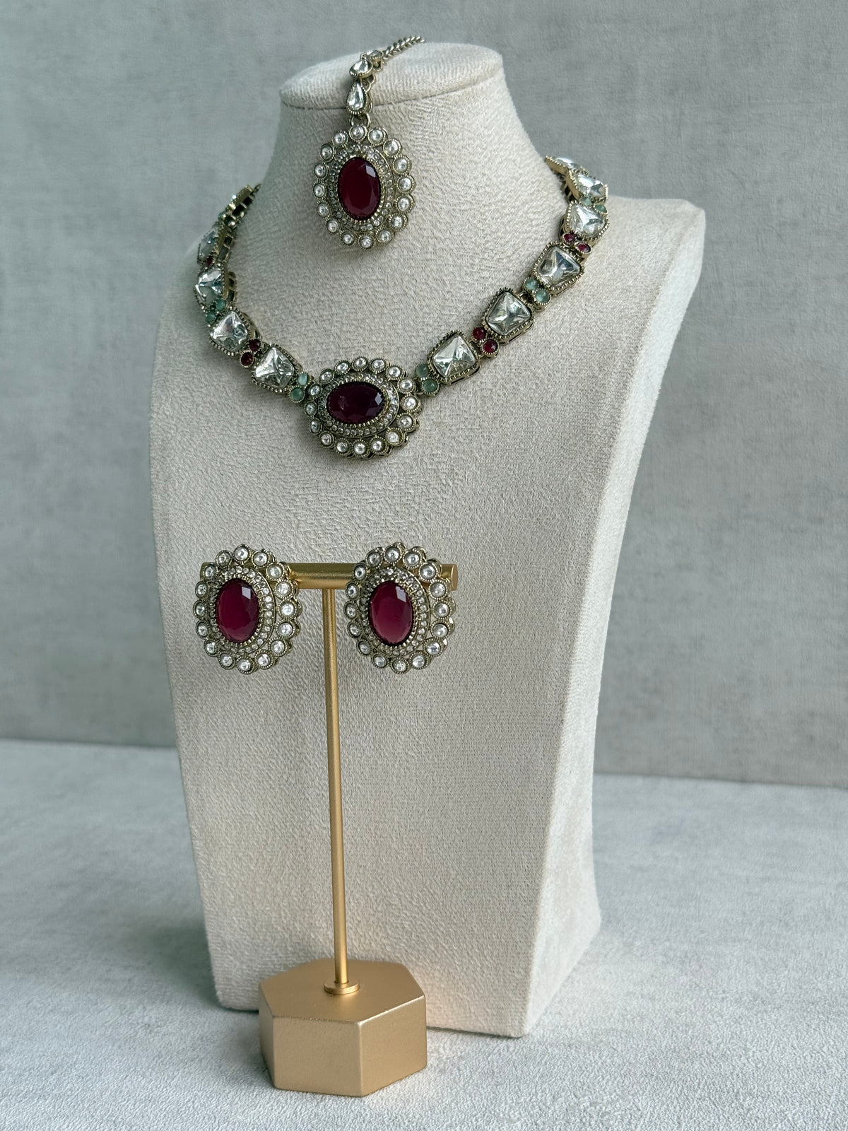 Ayura Designs Inza Necklace Set – Rani Pink & Mint Green Stones, Kundan & Crystals with Antique Gold Finish