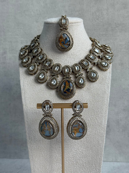 Ayura Designs Aurora Set with Earrings & Tikka – Peach & Ivory Stone with Mirror-Cut Accents in Antique Gold Finish