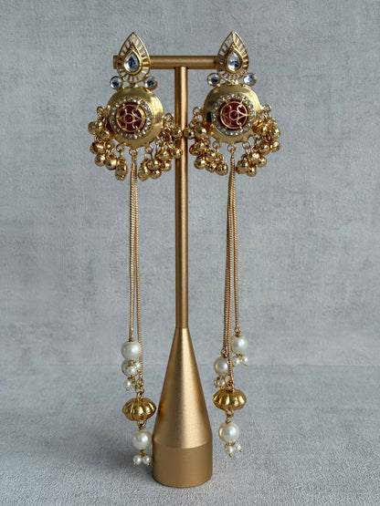 Ayura Designs Kashveen Earrings – Ruby Red Kundan Stones with Pearl Chain Drops & Ghungroo Detailing