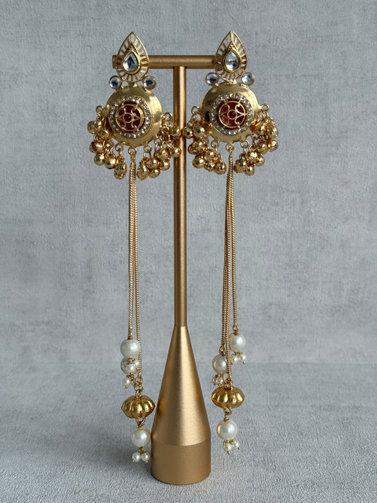 Ayura Designs Kashveen Earrings – Ruby Red Kundan Stones with Pearl Chain Drops & Ghungroo Detailing