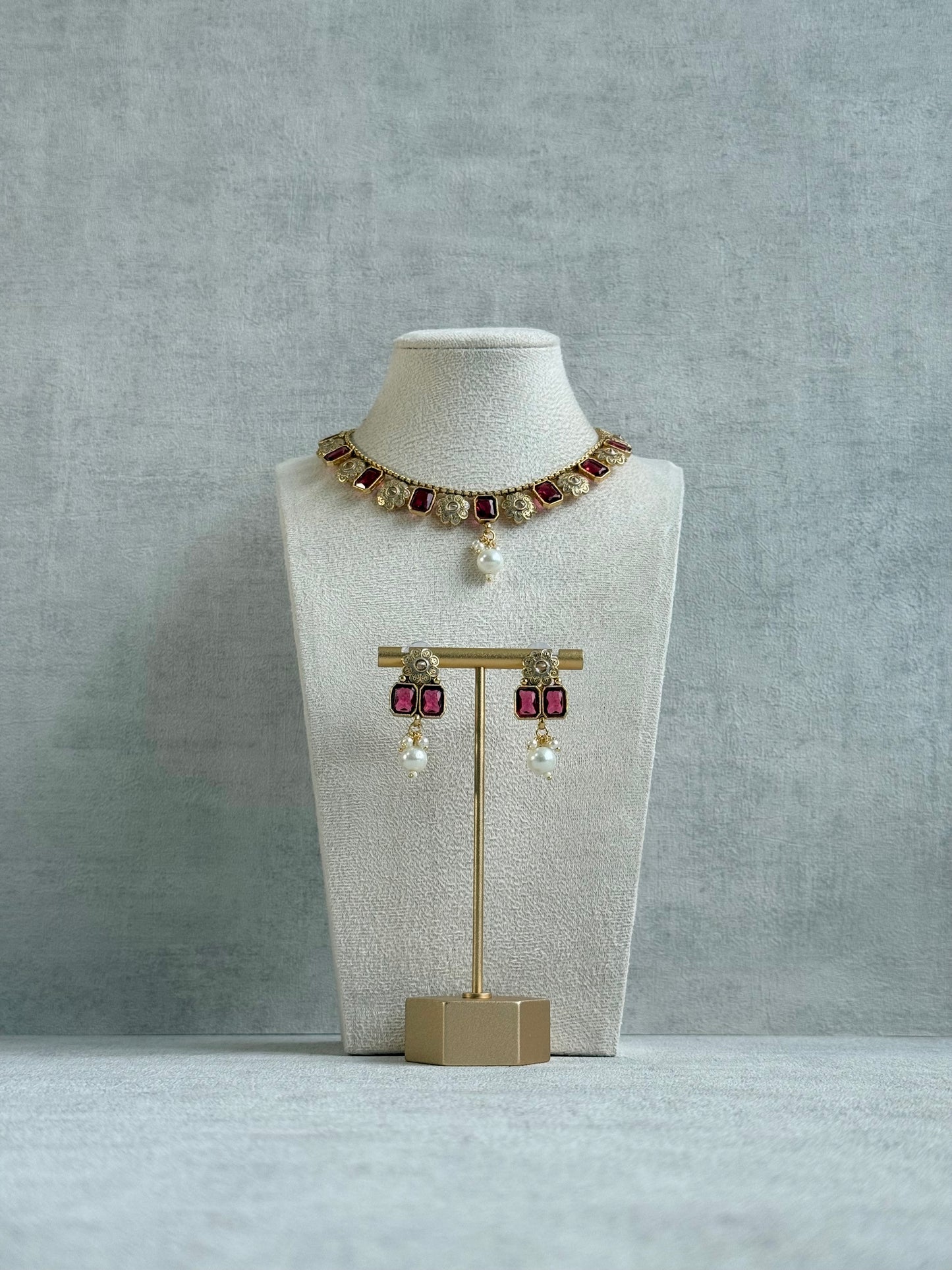 Ayura Designs Padma Necklace Set with Earrings – Rani Pink Stones with Pearl Drop Detailing