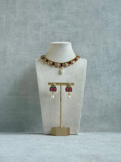 Ayura Designs Padma Necklace Set with Earrings – Rani Pink Stones with Pearl Drop Detailing