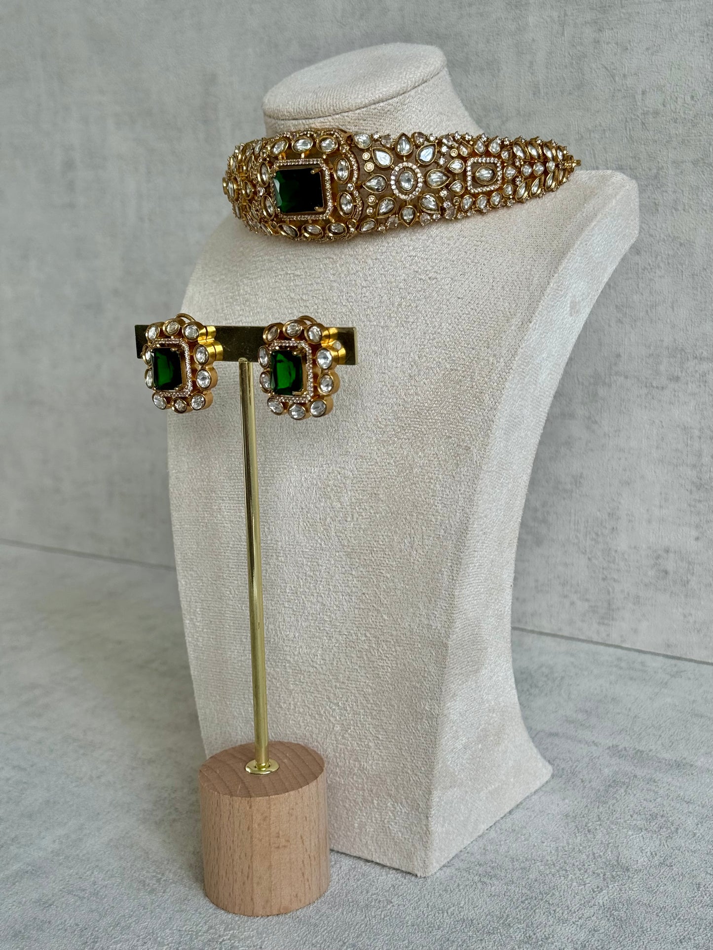 Ayura Designs Akasha Choker Set with Stud Earrings – Emerald Green Moissanite Stones & Antique Gold Finish
