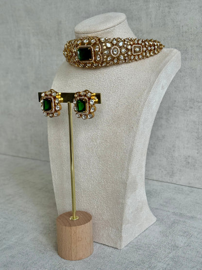 Ayura Designs Akasha Choker Set with Stud Earrings – Emerald Green Moissanite Stones & Antique Gold Finish