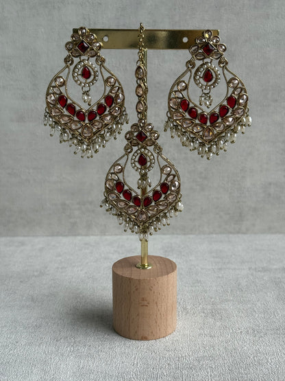 Ayura Designs Damini Tikka Set – Mirror-Cut Kundan Earrings & Tikka with Ruby Red Enamel and Pearl Detailing