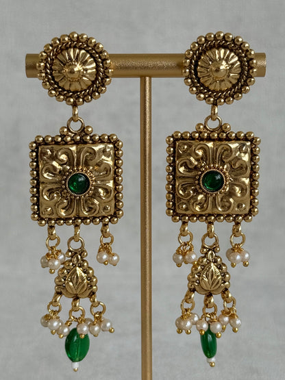 Ayura Designs Nimrah Choker Set with Earrings & Tikka – Emerald Green Gold Tone Waterfall Jewellery Set