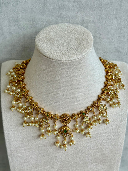 Ayura Designs Ilaa Set – Necklace & Earrings with Pink & Green Stone Accents, Pearl Drops & Antique Gold Finish