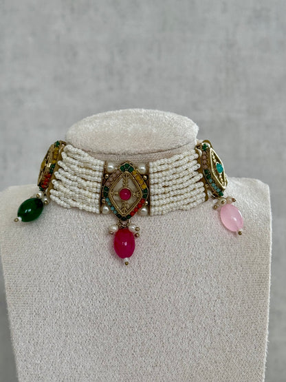 Ayura Designs Ariana Choker Set with Jhumkis – Kundan & Multicolor Beads in Antique Gold