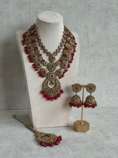Ayura Designs Samreen Set with Tikka & Jhumkis – in Antique Gold with Red Beads & Mirror-Cut Stones