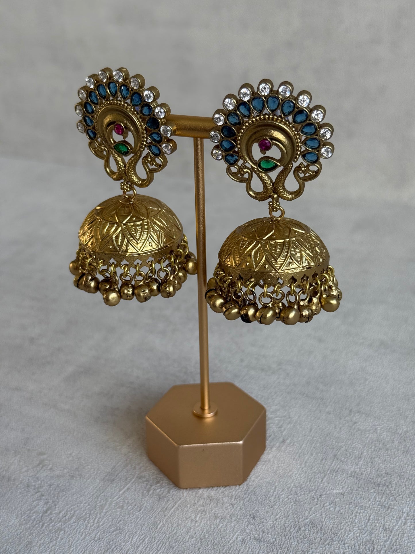 Ayura Designs Moraya Jhumkis – Ink Blue Peacock Motif with Antique Gold Detailing