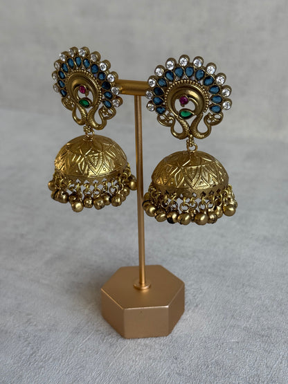 Ayura Designs Moraya Jhumkis – Ink Blue Peacock Motif with Antique Gold Detailing