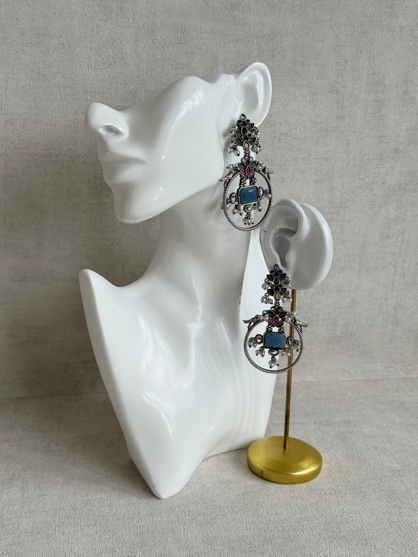 Ayura Designs Katha Earrings – Oxidised Statement Earrings with Multicolour Stonework & Pearl Detailing