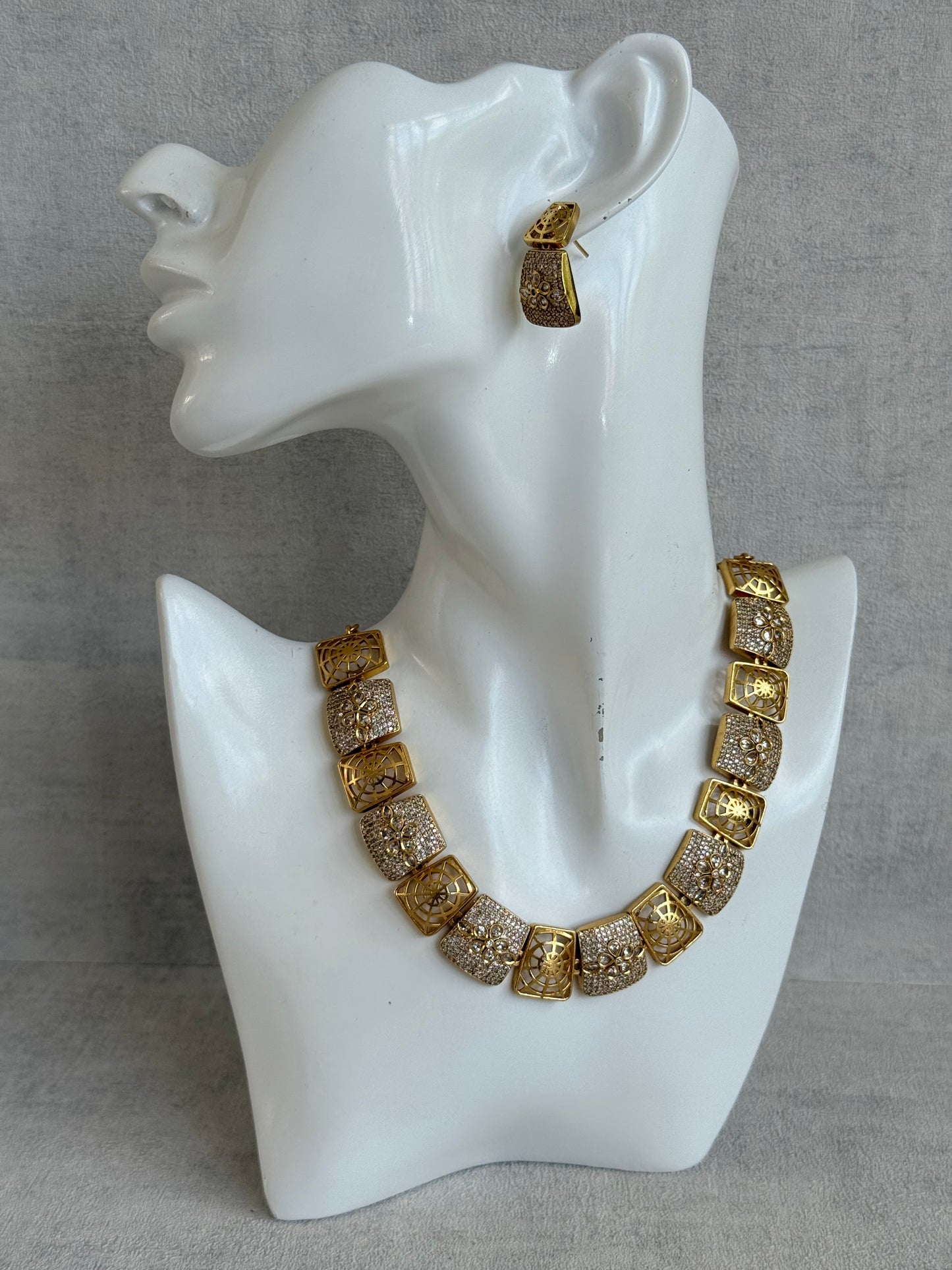Ayura Designs Vibha Necklace & Stud Earrings Set – Gold Floral Statement Design with Crystal Detailing