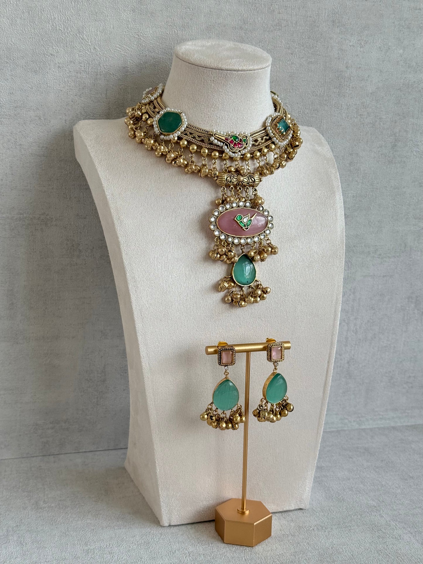 Ayura Designs Ahista Necklace Set with Earrings – Statement Pendant Necklace with Pink & Aqua Green Cat Eye Stones, Pearl Detailing & Ghungroo Accents