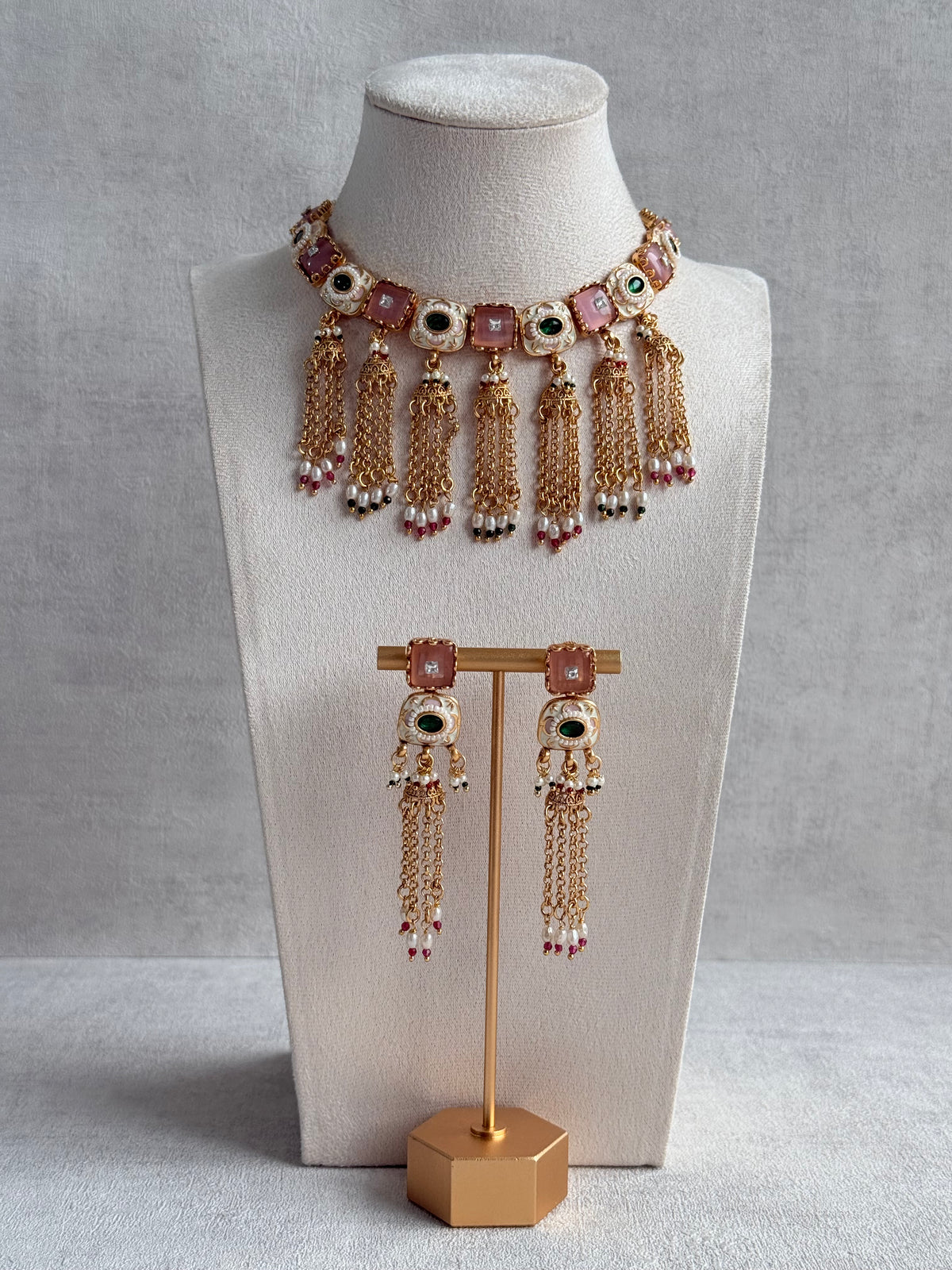Ayura Designs Thansi Necklace Set with Earrings – Pink & Green Stones, Enamel Detailing, Chains with Pearl Drops & Gold Finish