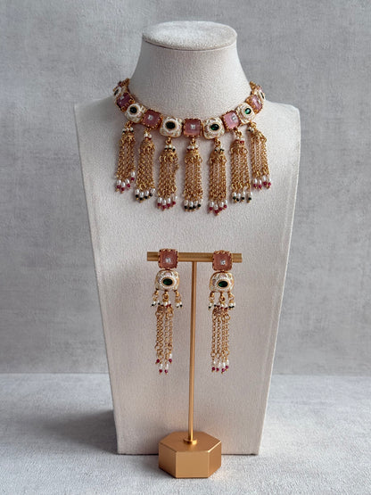 Ayura Designs Thansi Necklace Set with Earrings – Pink & Green Stones, Enamel Detailing, Chains with Pearl Drops & Gold Finish