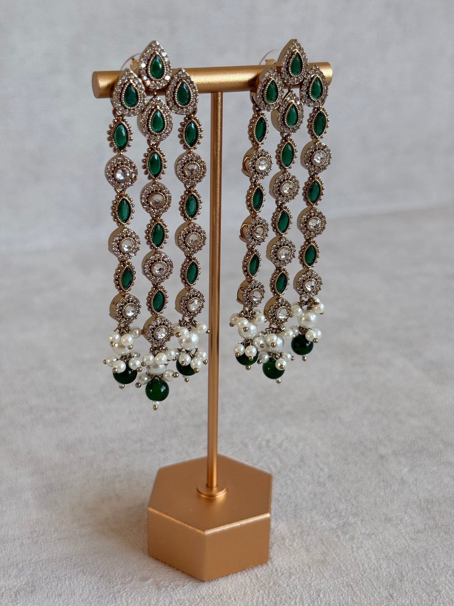 Ayura Designs Emilia Earrings – Gold Triple Strand Statement Earrings with Emerald Green Stones & Pearl Drops