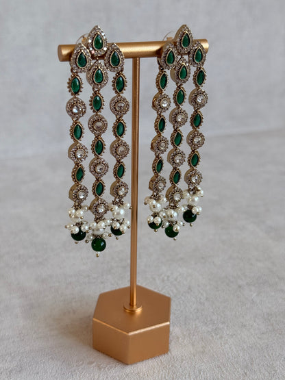 Ayura Designs Emilia Earrings – Gold Triple Strand Statement Earrings with Emerald Green Stones & Pearl Drops