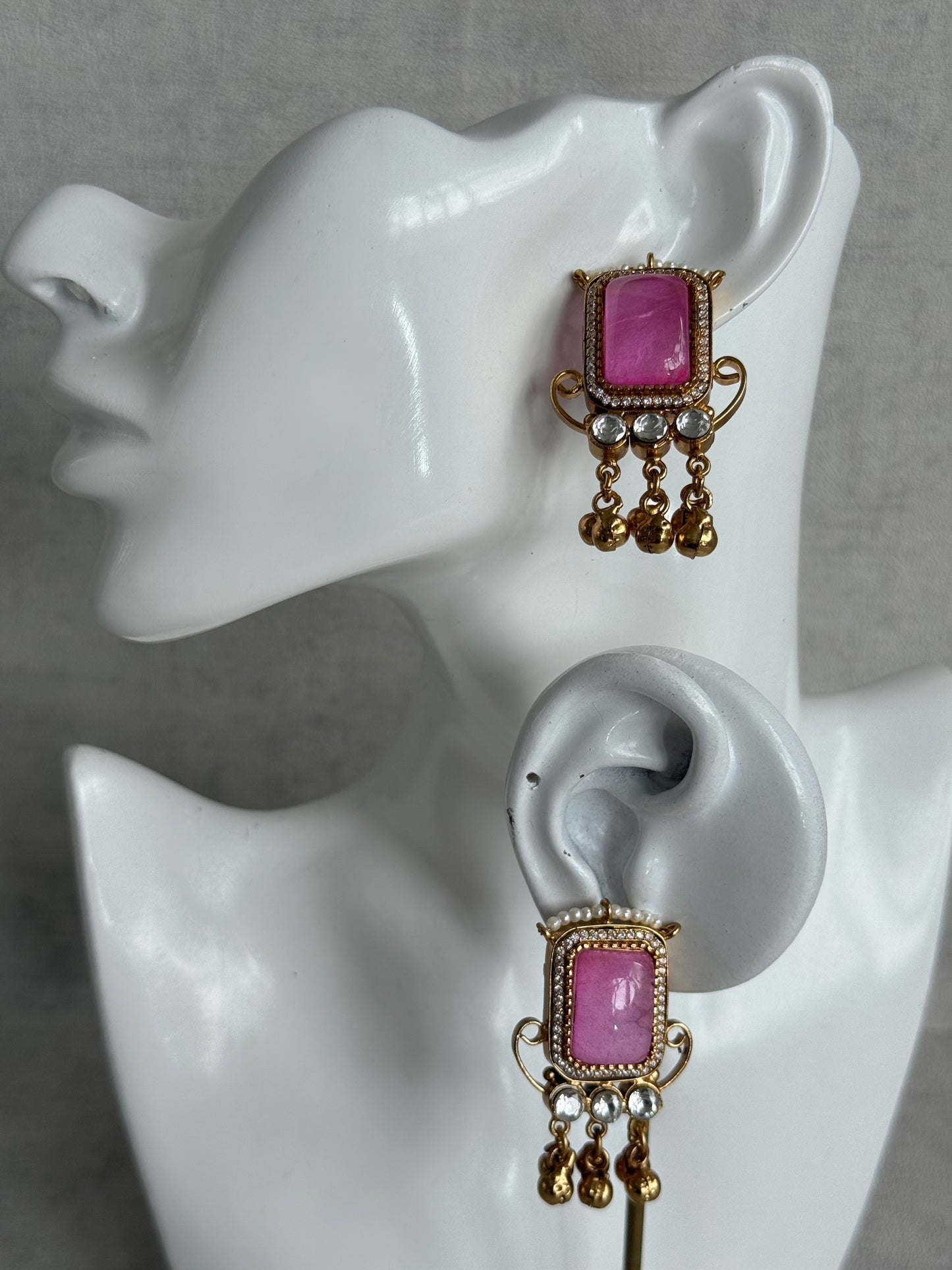 Ayura Designs Aleena Earrings – Rose Pink Stone Stud Earrings with Pearls & Ghungroo Detailing