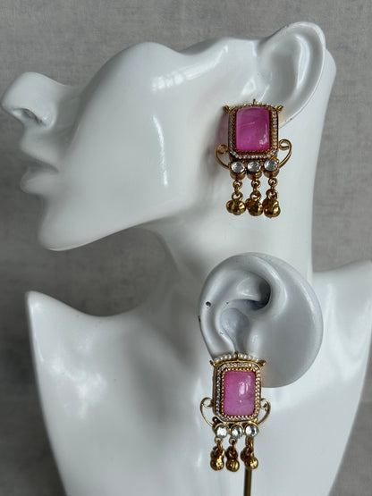 Ayura Designs Aleena Earrings – Rose Pink Stone Stud Earrings with Pearls & Ghungroo Detailing