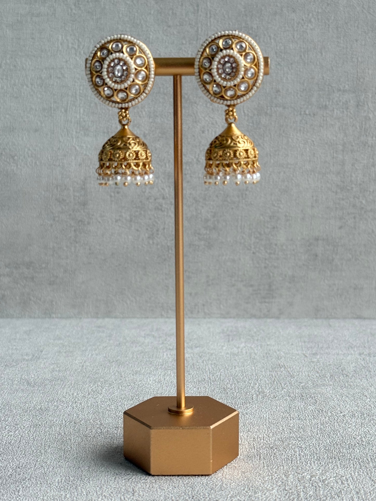 Ayura Designs Tabani Necklace Set with Jhumki Earrings – Kundan Medallion Design, Ivory Pearls & Antique Gold Finish